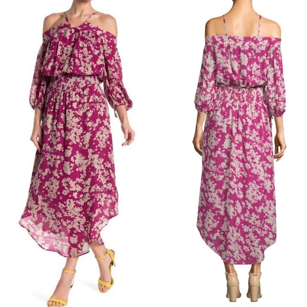 RAMY BROOK Maxi Dress Silk Purple Manuela Boho Cold Shoulder size L/G